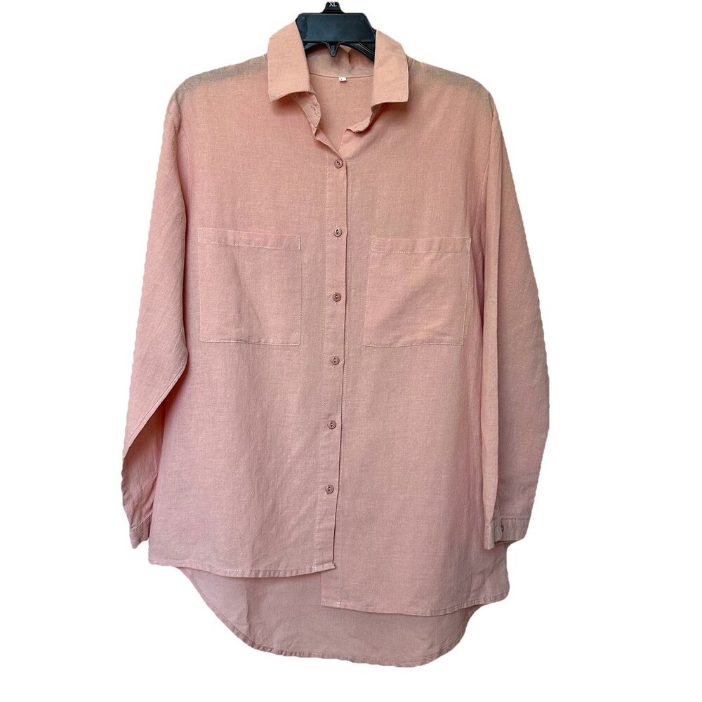 Mordenmiss Top Women’s Lg Long Sleeve Button Up Peach Linen Cotton